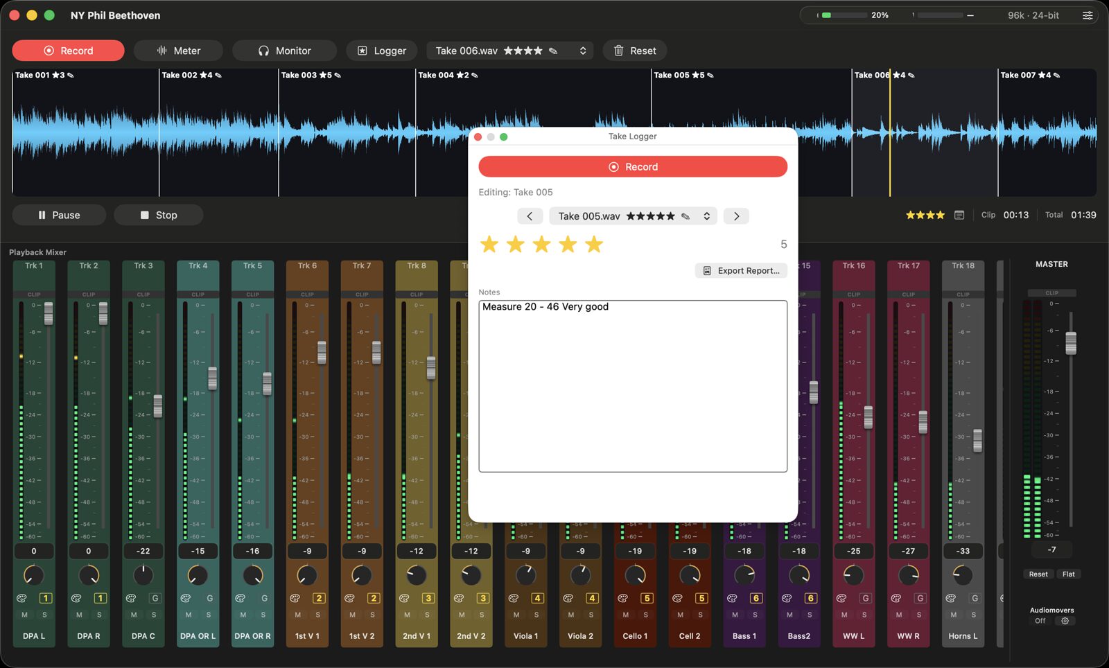 Continuo recording, with the Take Logger open: a star rating and notes on the current take